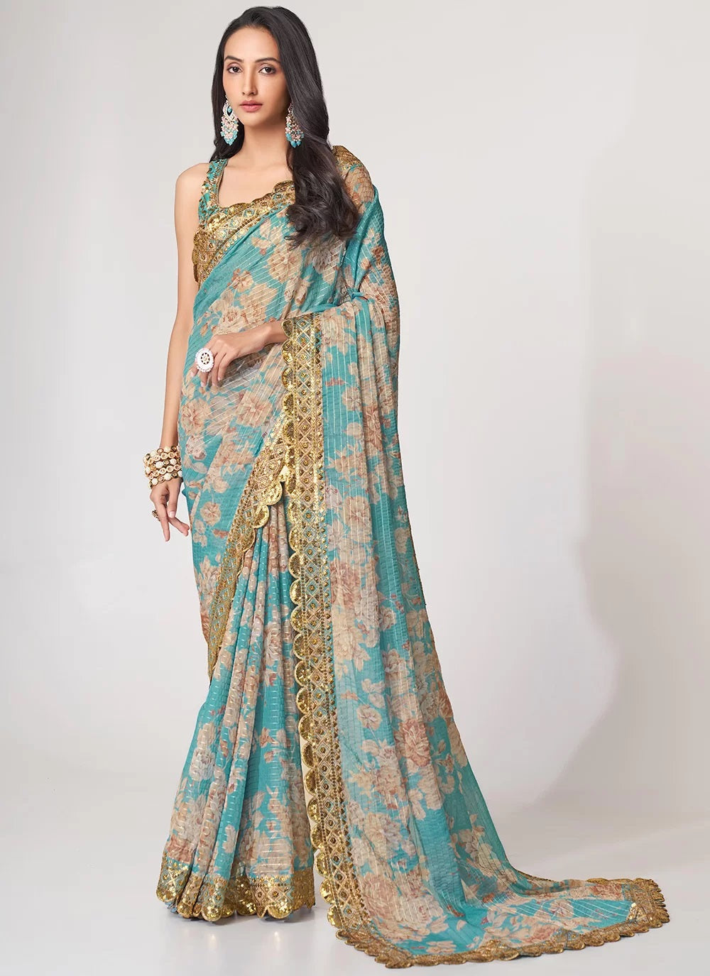 Sky blue sequins embroidery work with digital printed saree