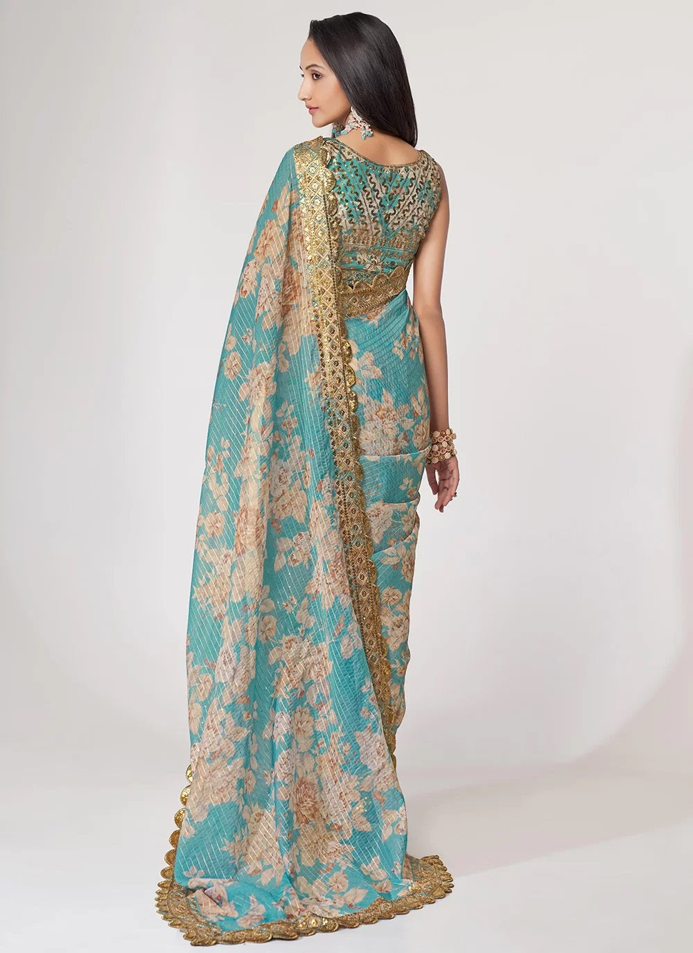 Sky blue sequins embroidery work with digital printed saree