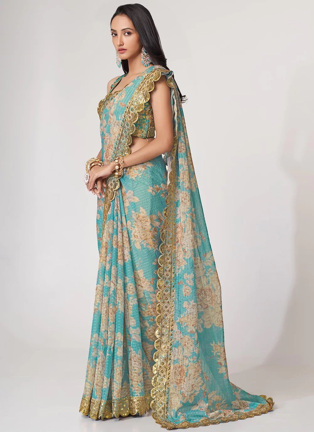 Sky blue sequins embroidery work with digital printed saree