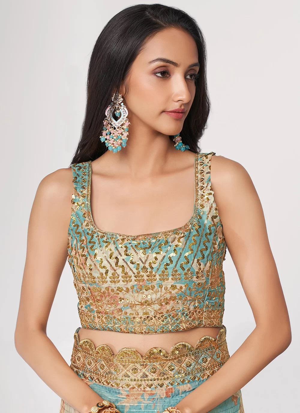Sky blue sequins embroidery work with digital printed saree