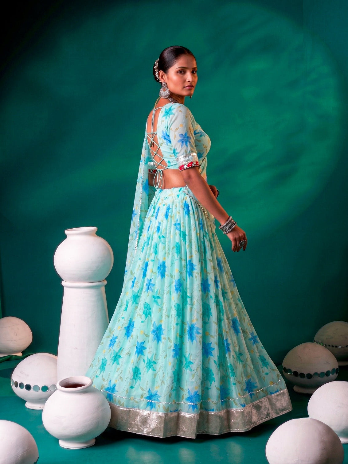 Sky Blue Silk Floral Printed Lehenga