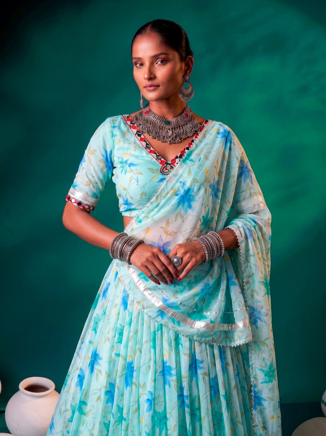 Sky Blue Silk Floral Printed Lehenga