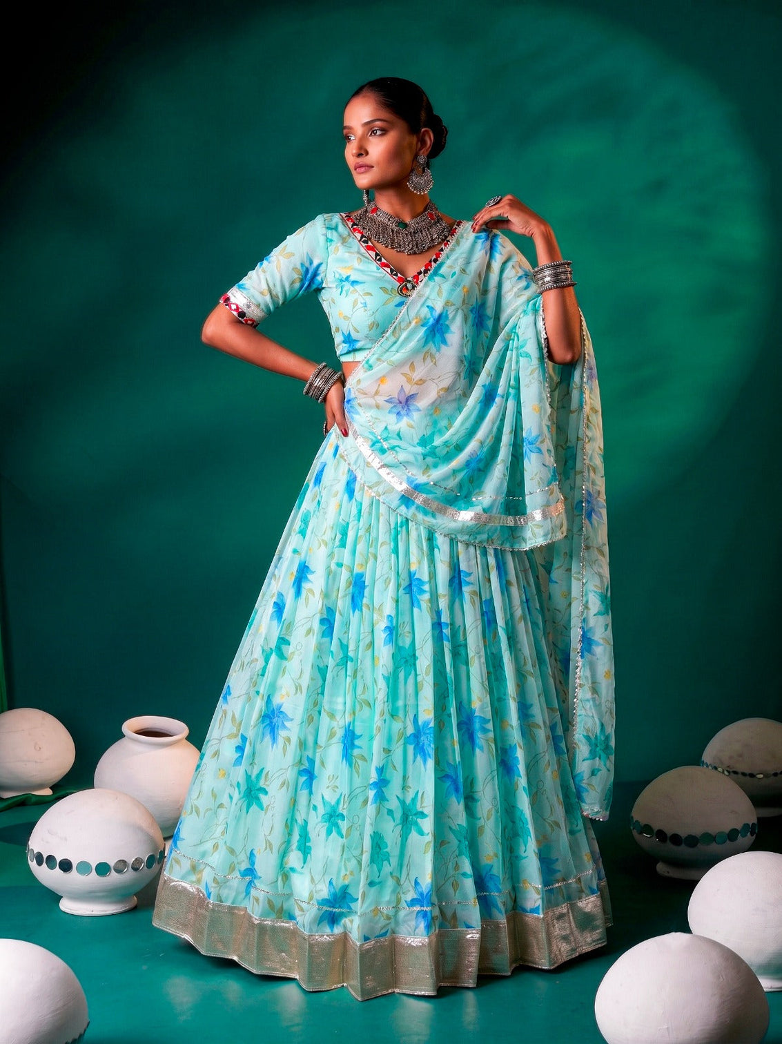 Sky Blue Silk Floral Printed Lehenga