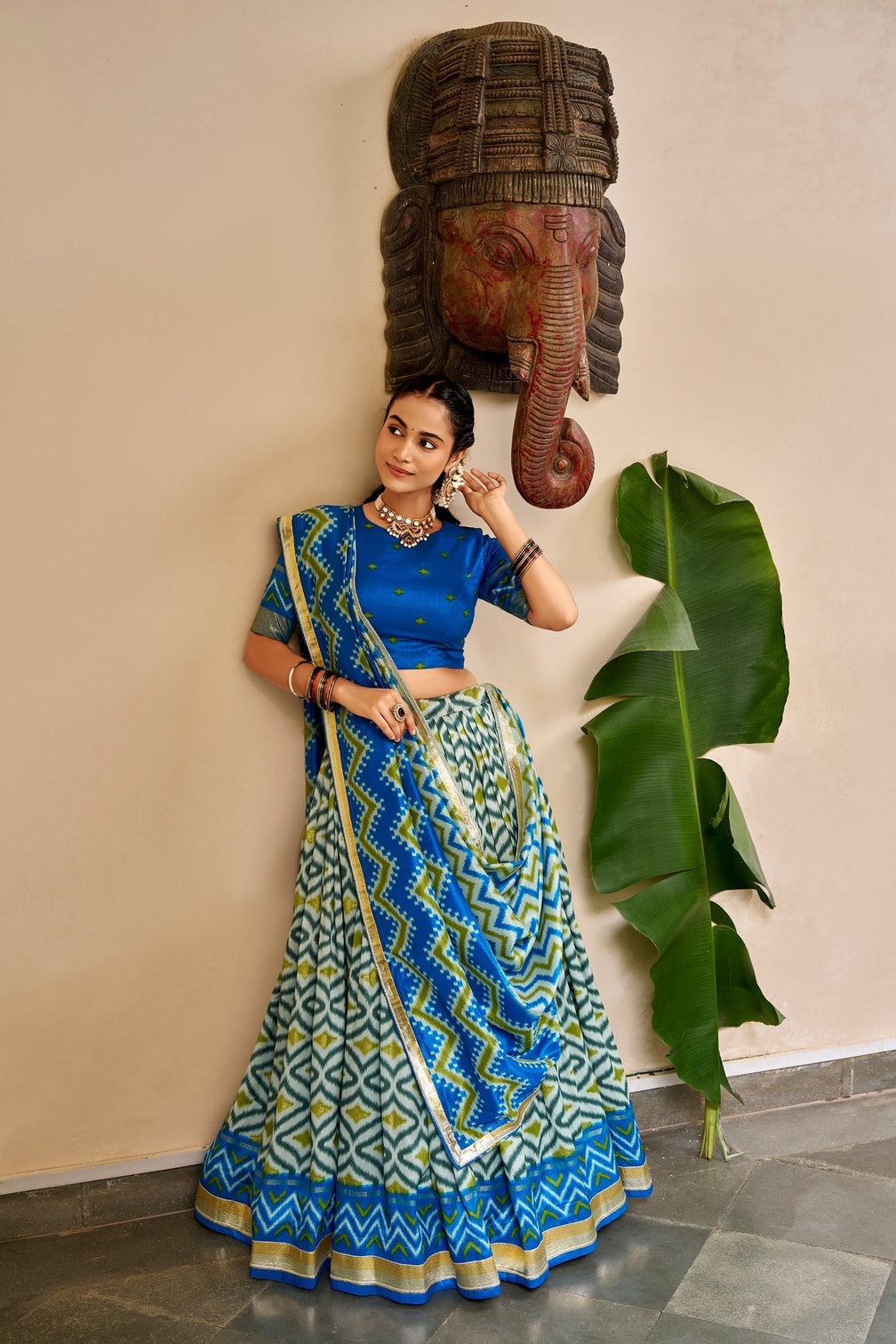 Sky Blue Silk Print Lehenga with Lace Dupatta