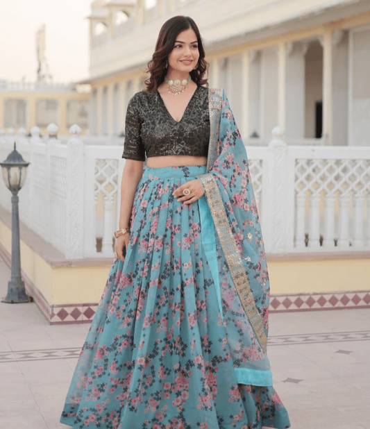 Sky Blue Silk Printed Lehenga with Embroidered Blouse