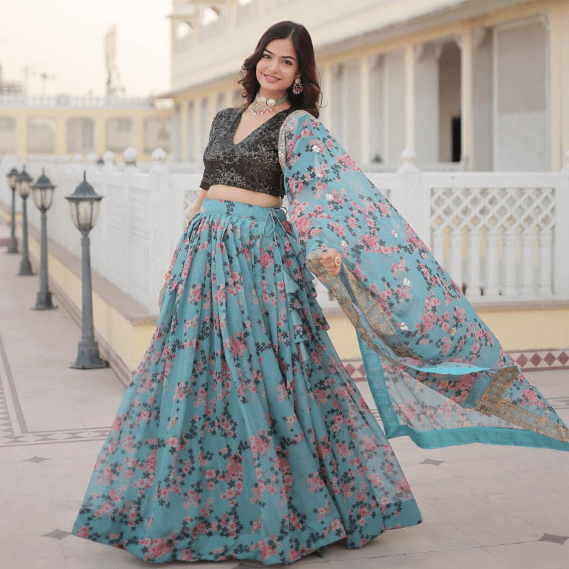 Sky Blue Silk Printed Lehenga with Embroidered Blouse