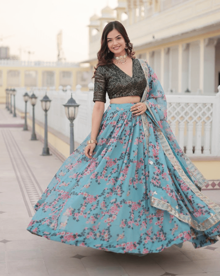 Sky Blue Silk Printed Lehenga with Embroidered Blouse