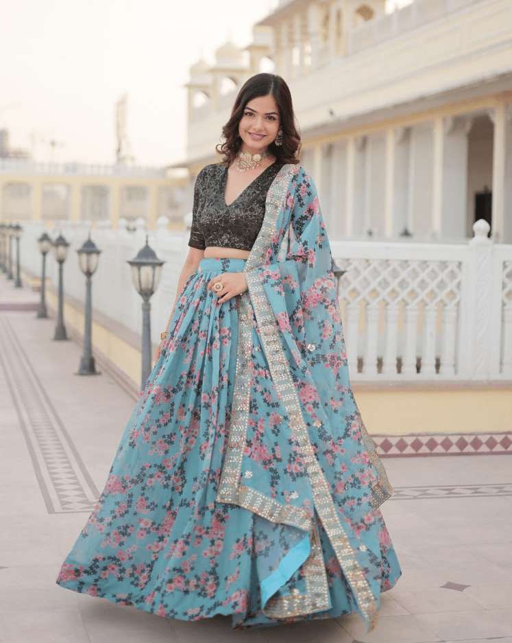 Sky Blue Silk Printed Lehenga with Embroidered Blouse