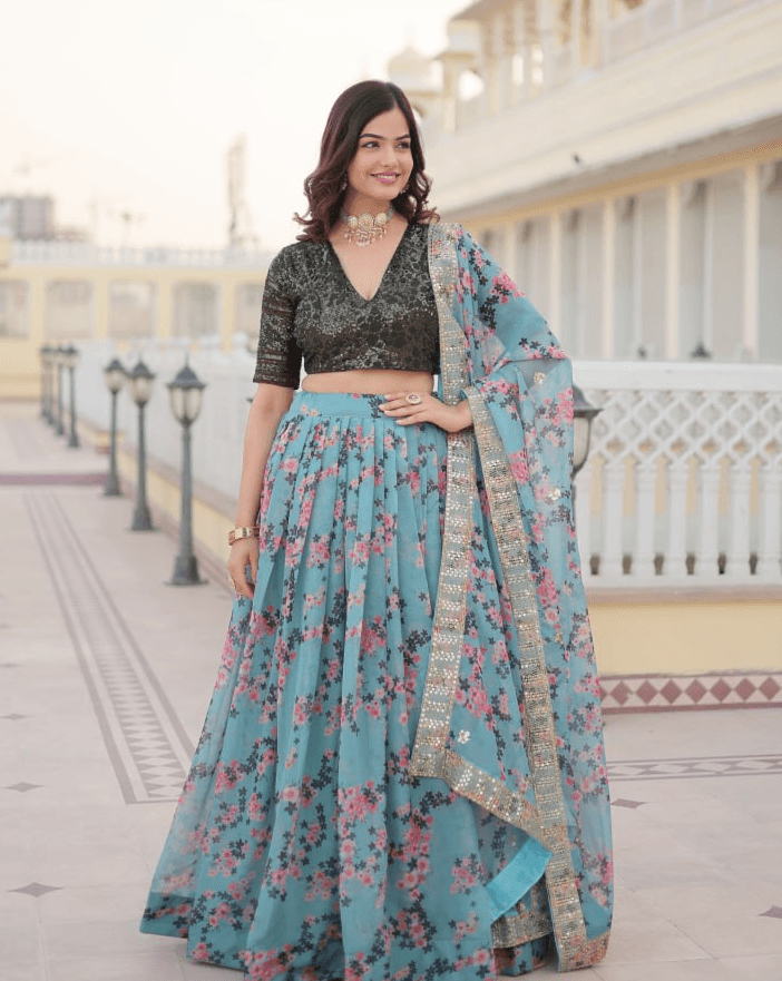 Sky Blue Silk Printed Lehenga with Embroidered Blouse