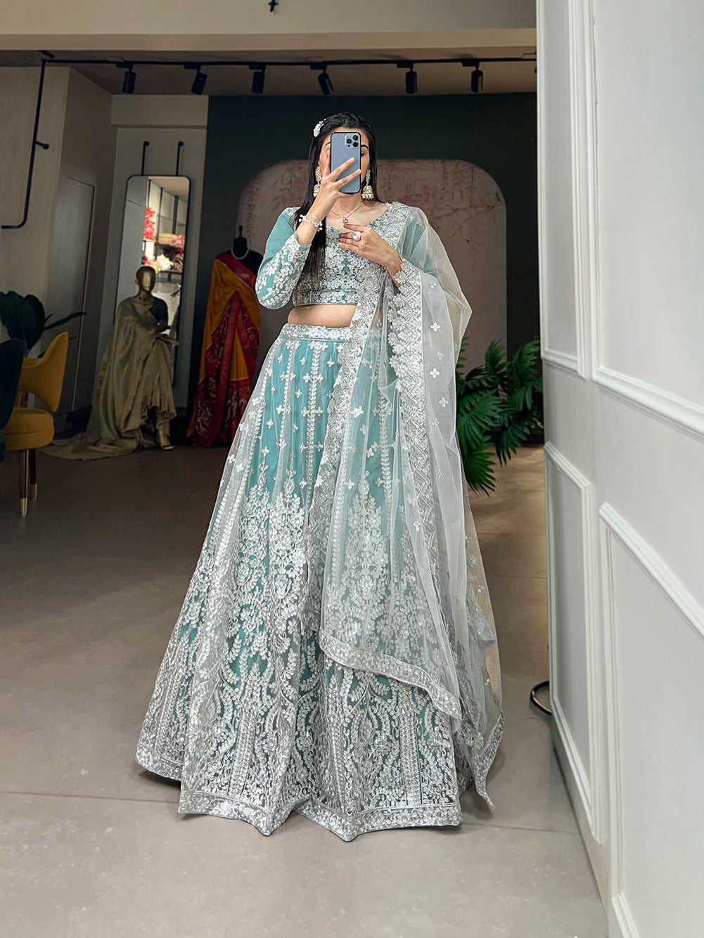 Sky Blue Starlight Sequin Net Lehenga Choli - Embody Radiance & Celebrate in Style
