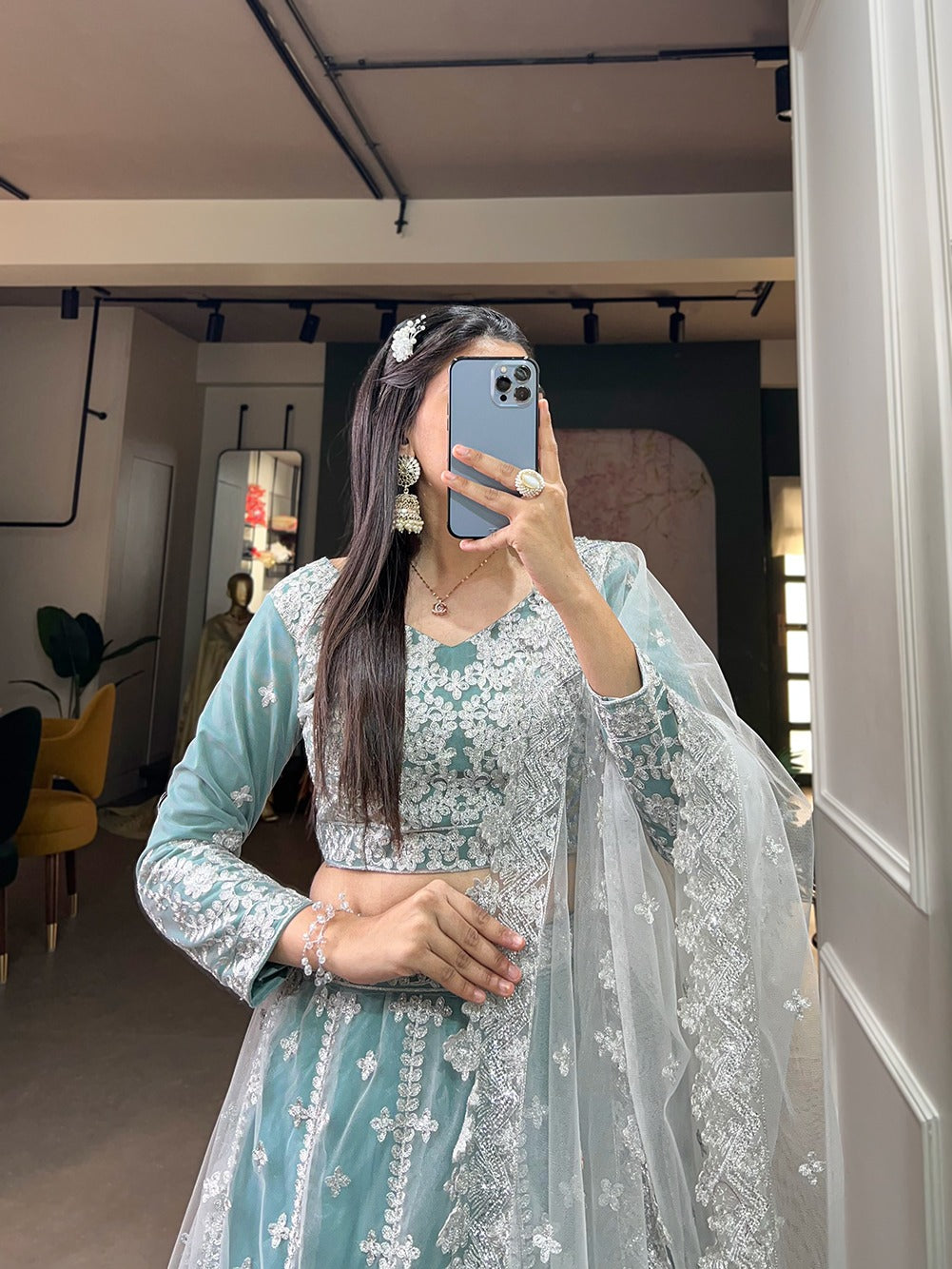 Sky Blue Starlight Sequin Net Lehenga Choli - Embody Radiance & Celebrate in Style