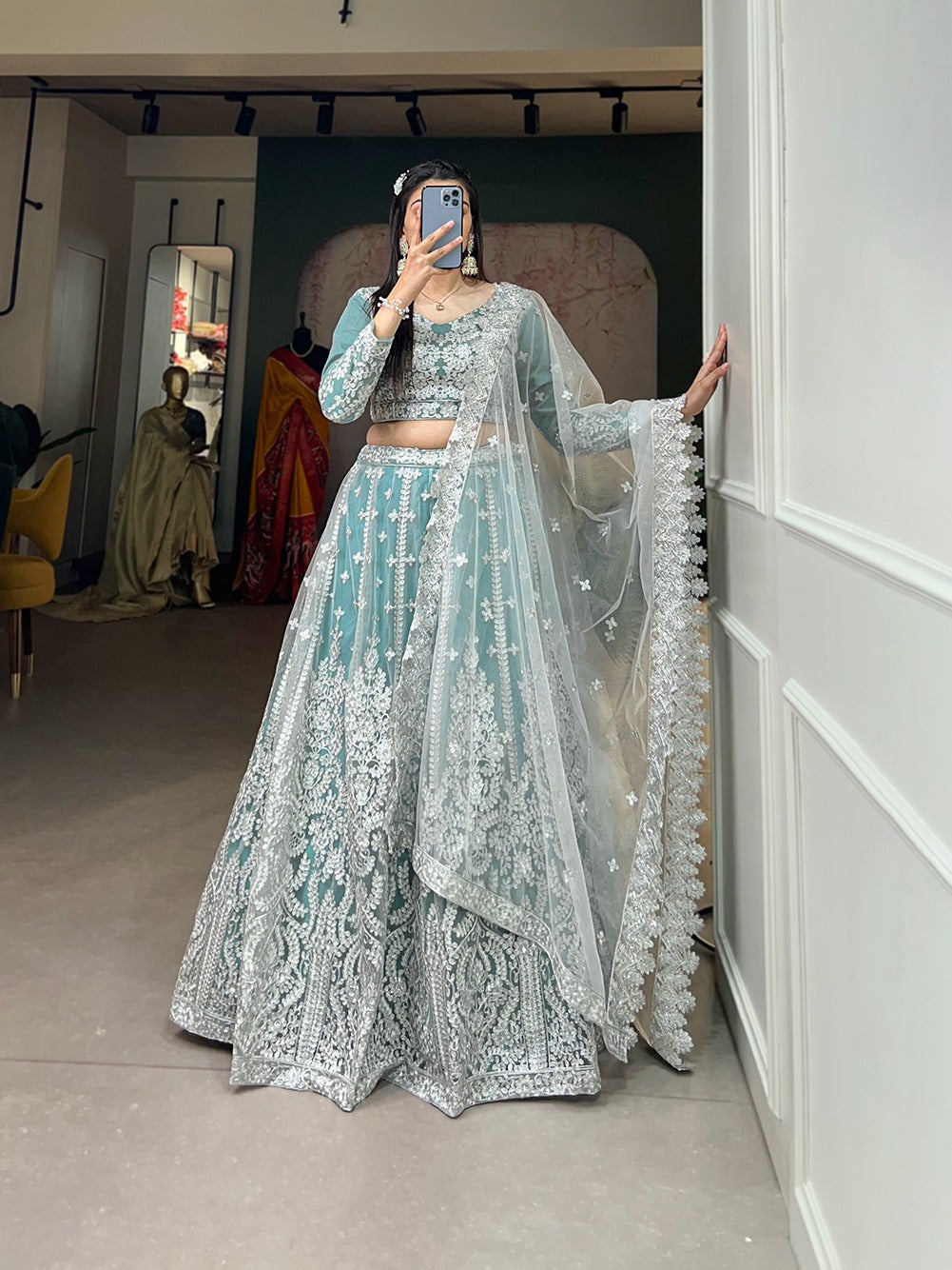 Sky Blue Starlight Sequin Net Lehenga Choli - Embody Radiance & Celebrate in Style