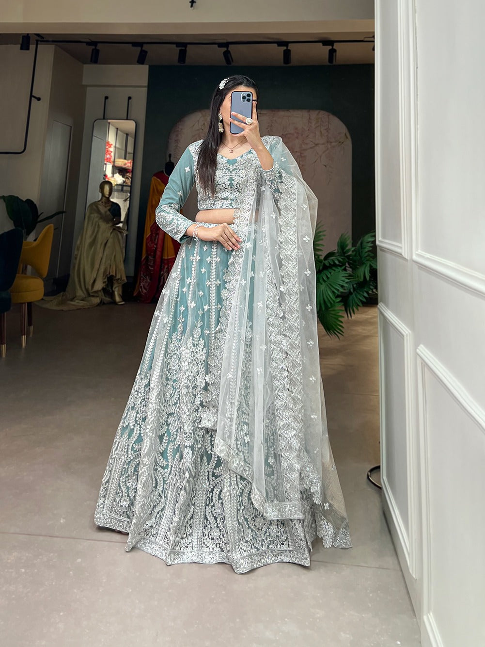 Sky Blue Starlight Sequin Net Lehenga Choli - Embody Radiance & Celebrate in Style