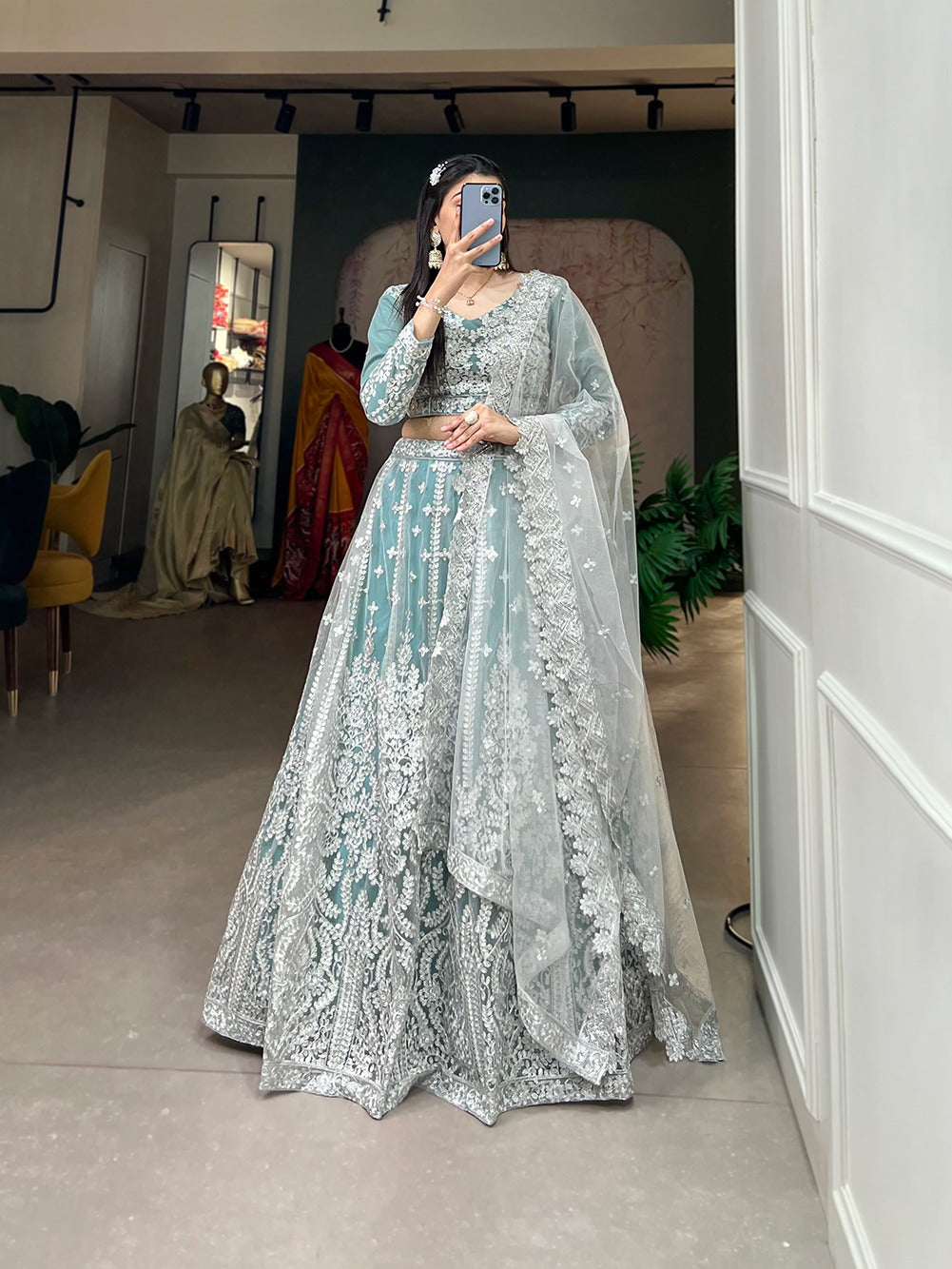Sky Blue Starlight Sequin Net Lehenga Choli - Embody Radiance & Celebrate in Style