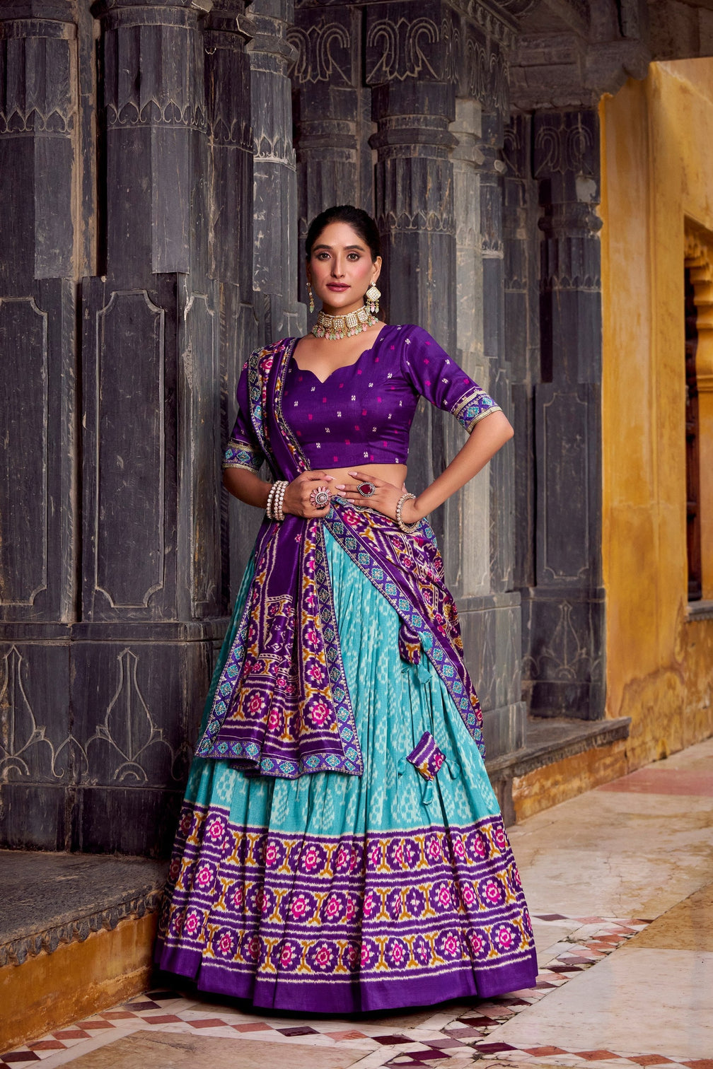 Sky Blue Tasar Silk Ikkat Print Lehenga Set with Embroidered Blouse & Dupatta