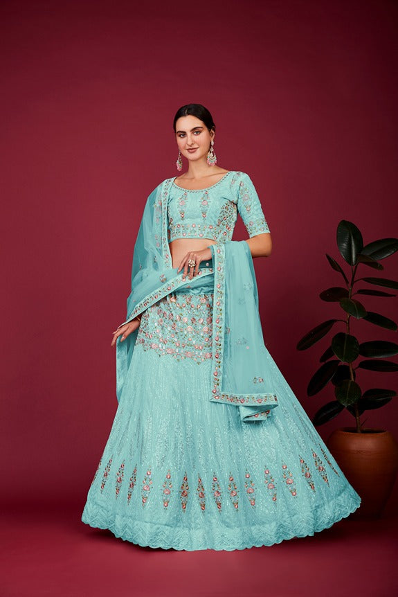 Sky Blue Thread Work Lehenga Choli Set