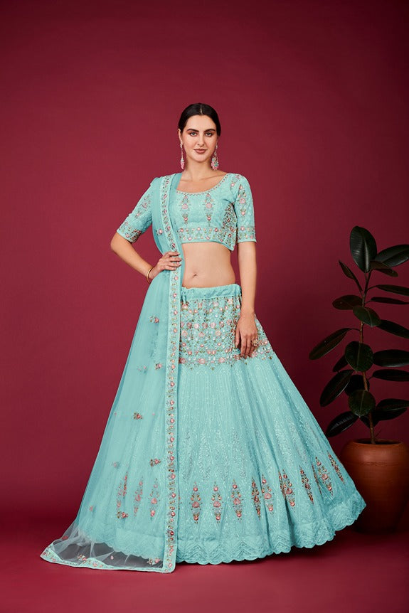 Sky Blue Thread Work Lehenga Choli Set