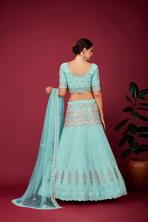 Sky Blue Thread Work Lehenga Choli Set