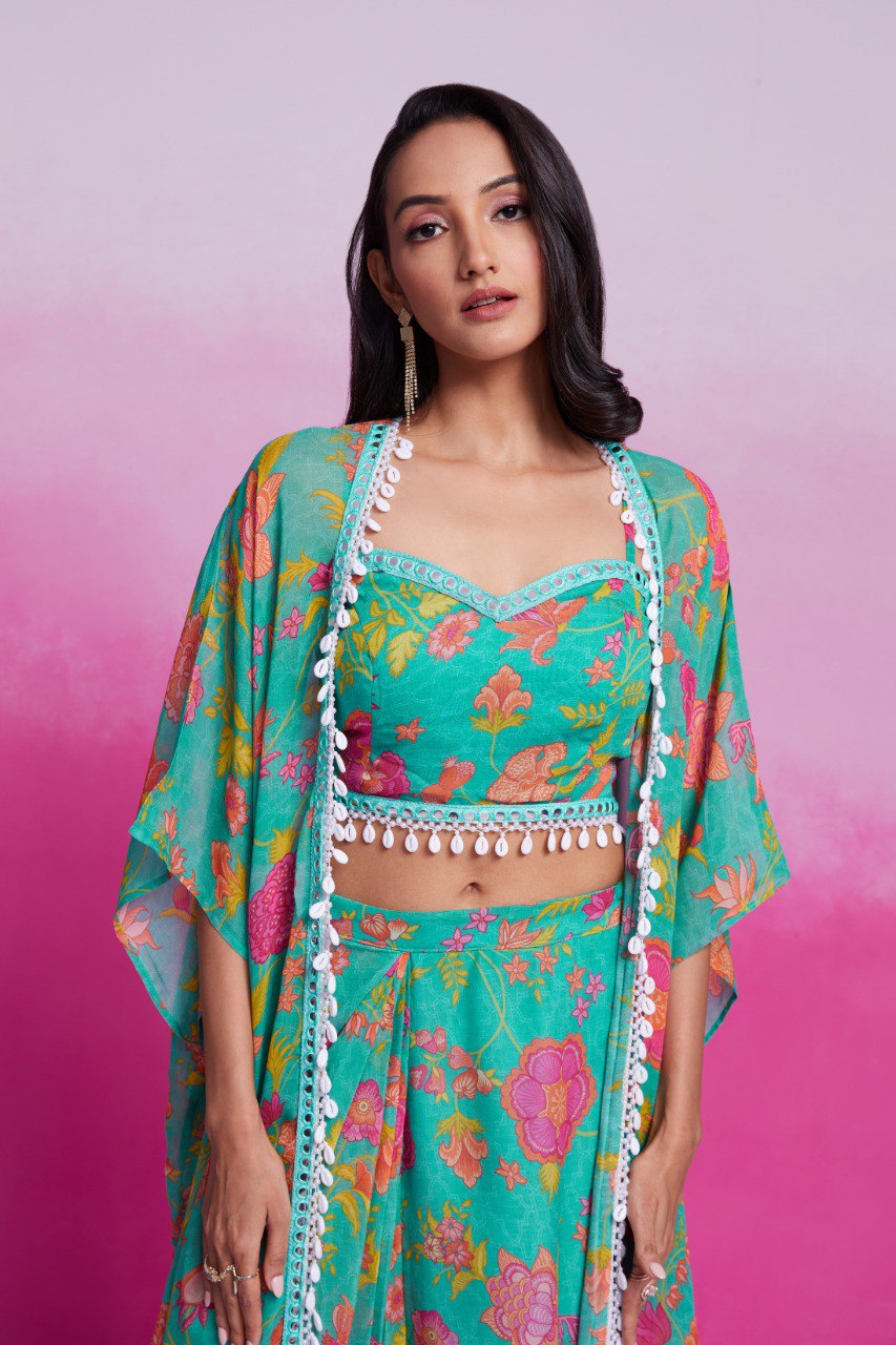 Sky Blue Turquoise Georgette Printed & Embroidered Three-Piece Set – Blouse, Jacket & Skirt Ready To Wear