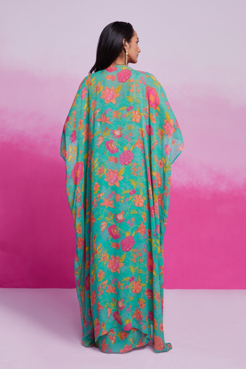 Sky Blue Turquoise Georgette Printed & Embroidered Three-Piece Set – Blouse, Jacket & Skirt Ready To Wear