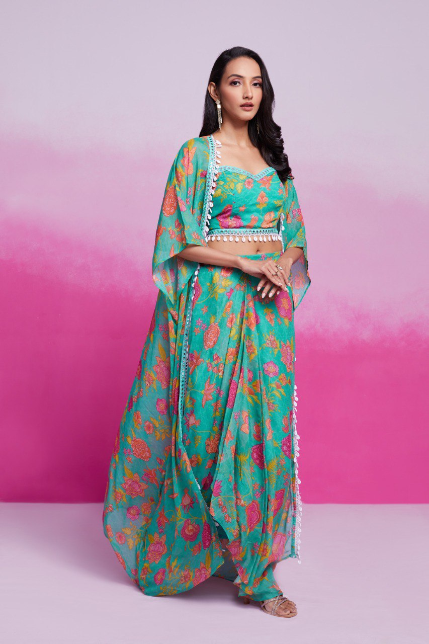 Sky Blue Turquoise Georgette Printed & Embroidered Three-Piece Set – Blouse, Jacket & Skirt Ready To Wear