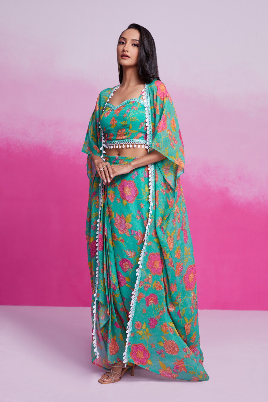 Sky Blue Turquoise Georgette Printed & Embroidered Three-Piece Set – Blouse, Jacket & Skirt Ready To Wear