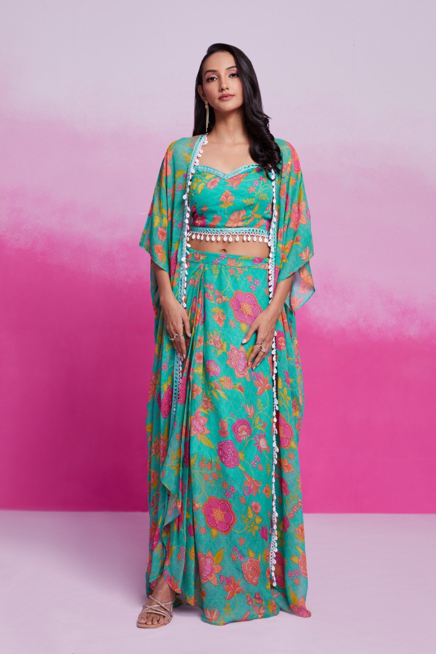 Sky Blue Turquoise Georgette Printed & Embroidered Three-Piece Set – Blouse, Jacket & Skirt Ready To Wear