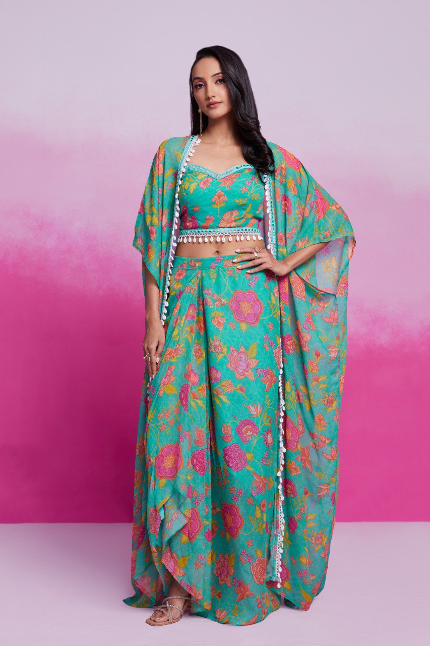 Sky Blue Turquoise Georgette Printed & Embroidered Three-Piece Set – Blouse, Jacket & Skirt Ready To Wear