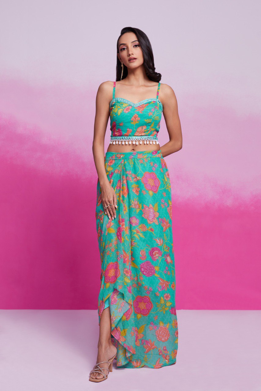 Sky Blue Turquoise Georgette Printed & Embroidered Three-Piece Set – Blouse, Jacket & Skirt Ready To Wear