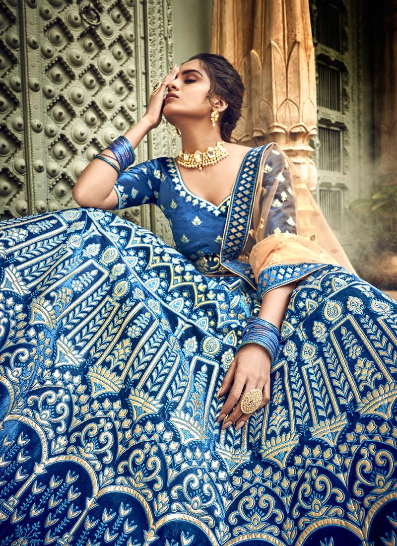 Sky Blue Velvet Base Designer A-Line Lehenga Choli