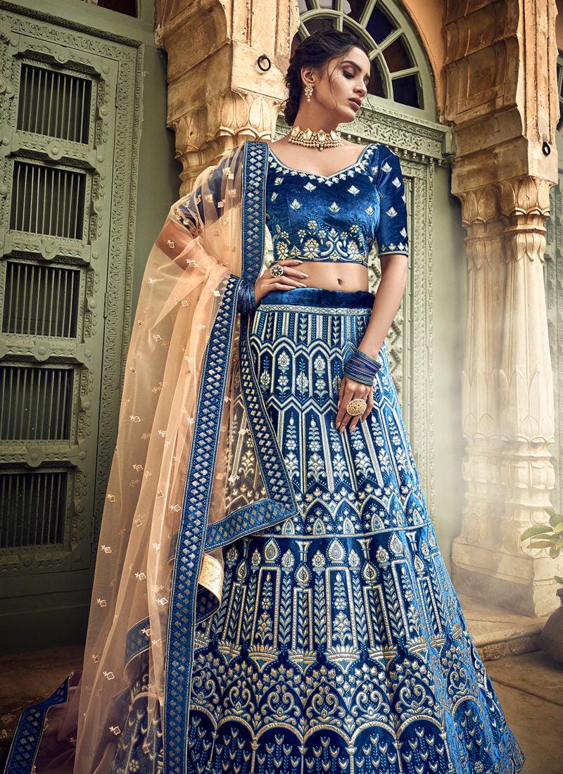 Sky Blue Velvet Base Designer A-Line Lehenga Choli