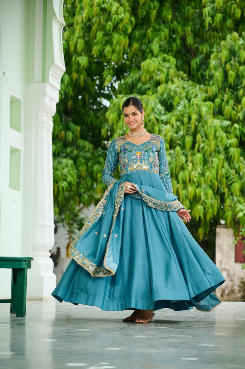 Sky Blue Vichitra Silk Sequins & Zari Embroidered 12-Kali Anarkali Gown with Designer Dupatta