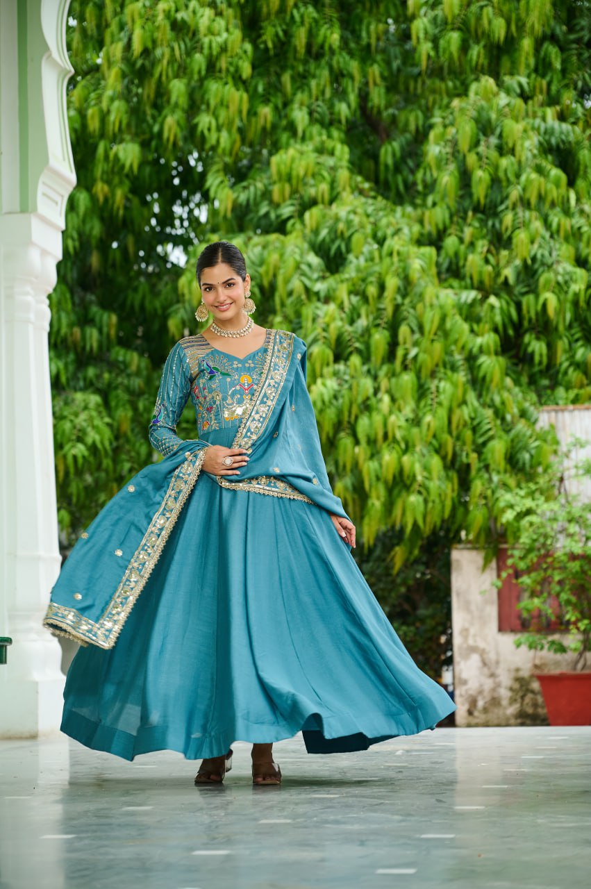 Sky Blue Vichitra Silk Sequins & Zari Embroidered 12-Kali Anarkali Gown with Designer Dupatta
