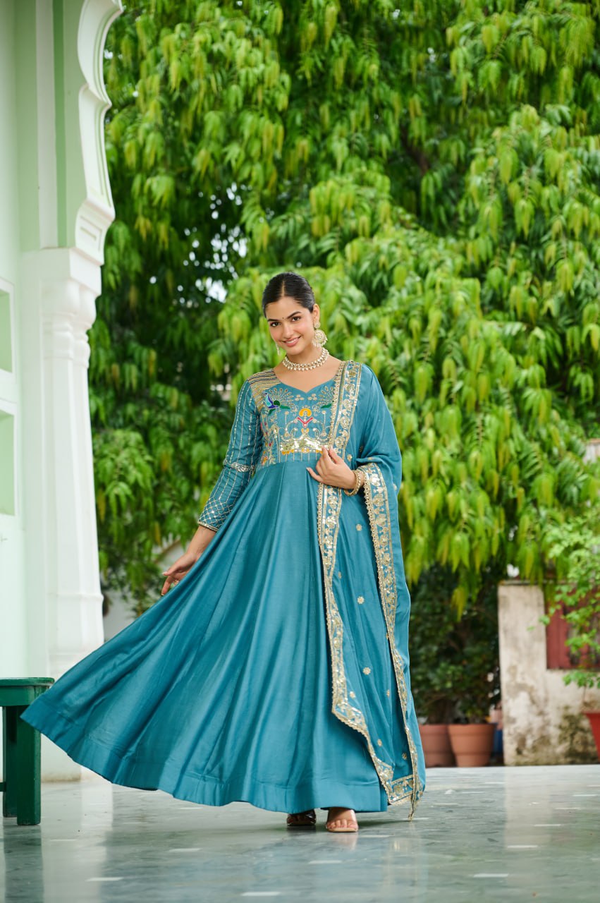Sky Blue Vichitra Silk Sequins & Zari Embroidered 12-Kali Anarkali Gown with Designer Dupatta