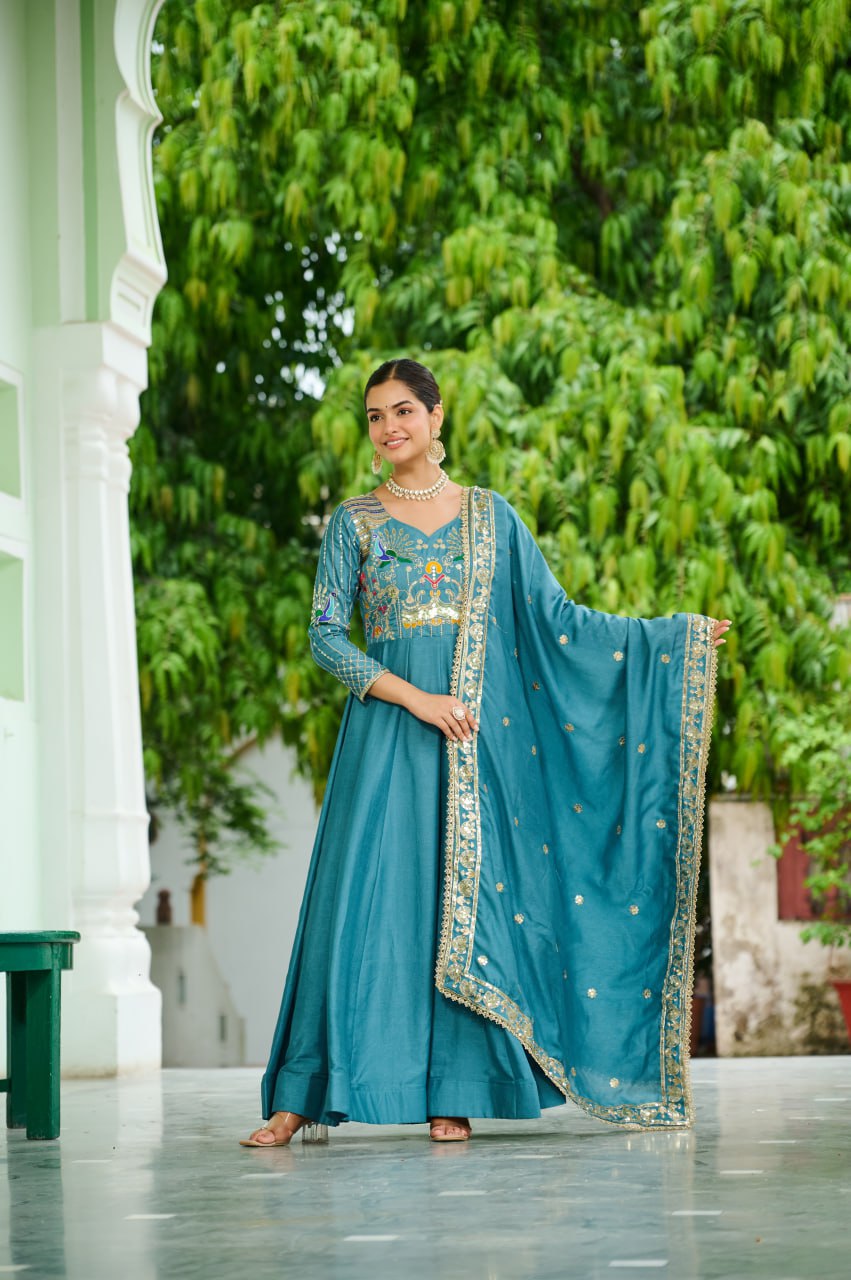 Sky Blue Vichitra Silk Sequins & Zari Embroidered 12-Kali Anarkali Gown with Designer Dupatta