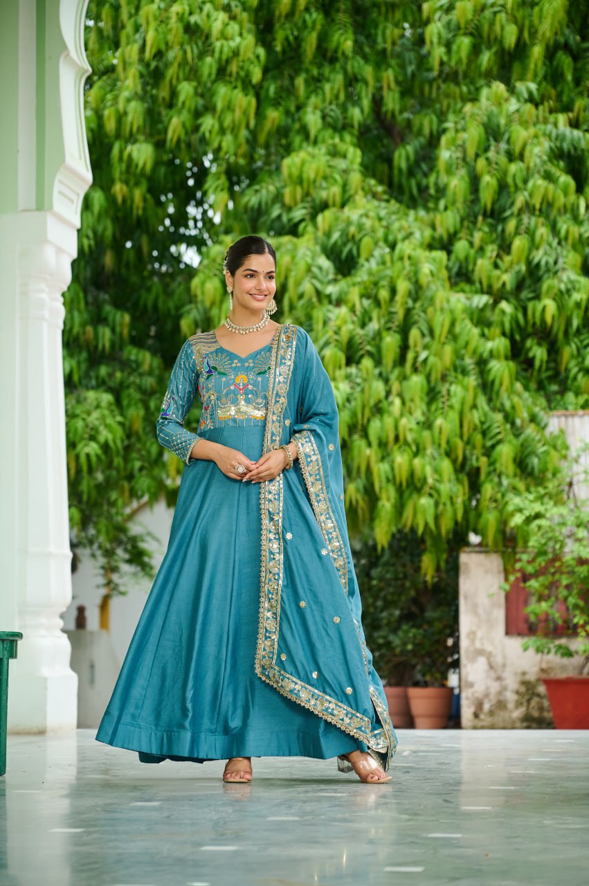 Sky Blue Vichitra Silk Sequins & Zari Embroidered 12-Kali Anarkali Gown with Designer Dupatta