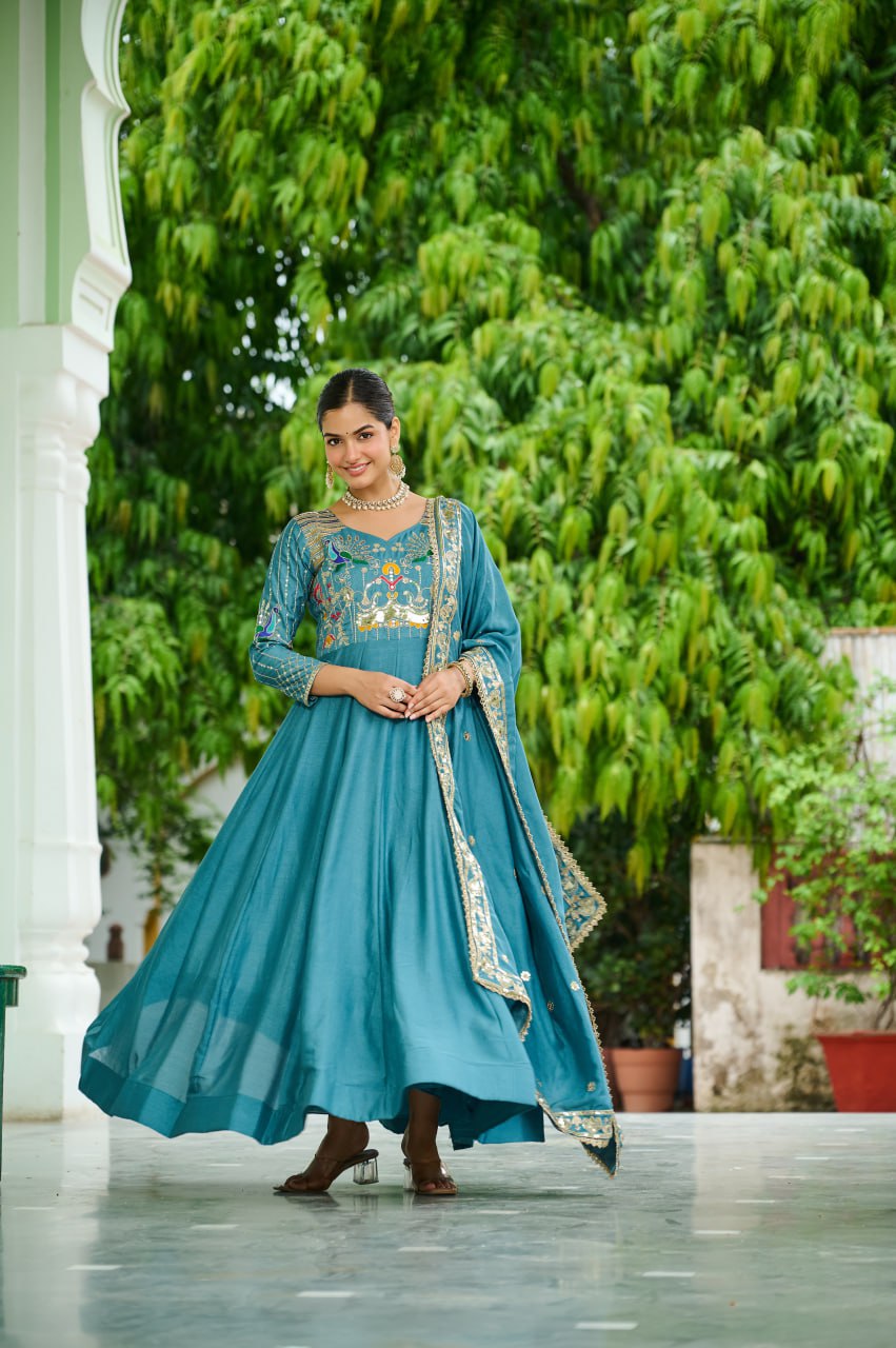 Sky Blue Vichitra Silk Sequins & Zari Embroidered 12-Kali Anarkali Gown with Designer Dupatta
