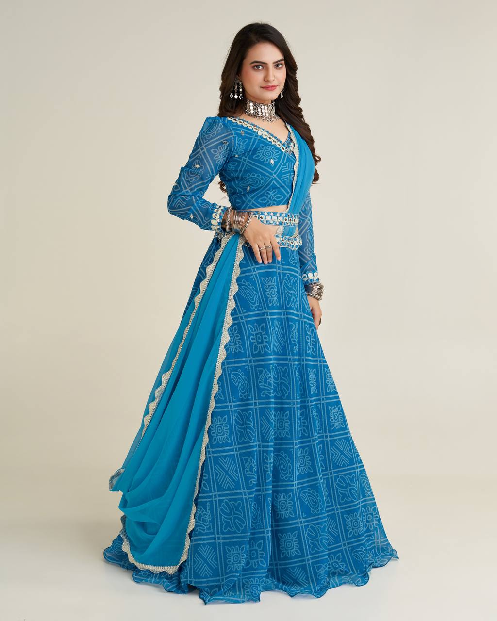 Sky Blue Wedding Glow – Exquisite Digital Print Georgette Lehenga Set