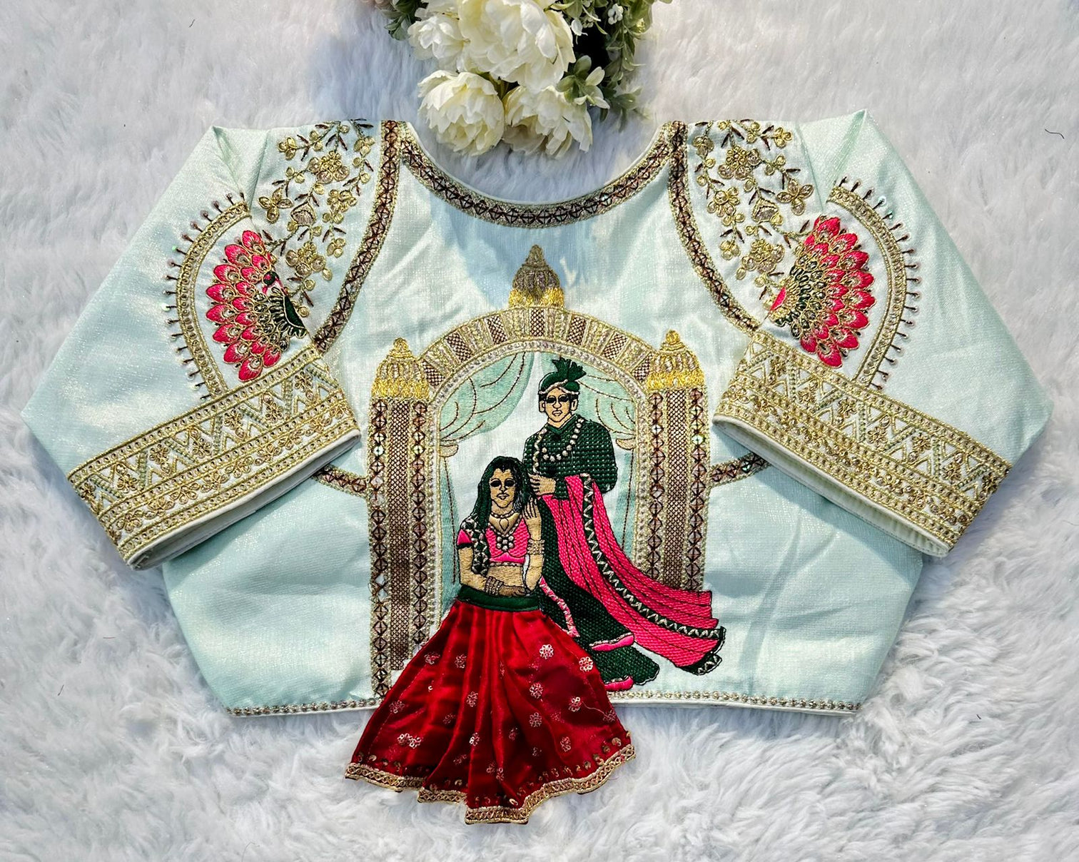 Sky Blue Wedding Wear Blouse in Raspberry Silk with Exquisite Embroidery and Sequins