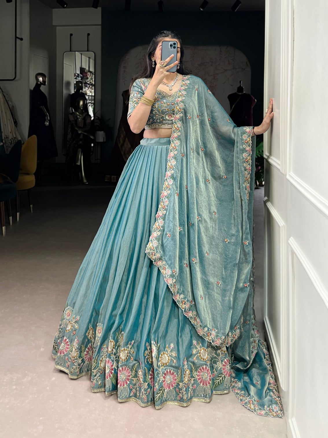 Sky Blue Zari Shimmer Sky Blue Embroidered Lehenga Choli Set with Sequins & Thread Work – Stitched Lehenga with Dupatta