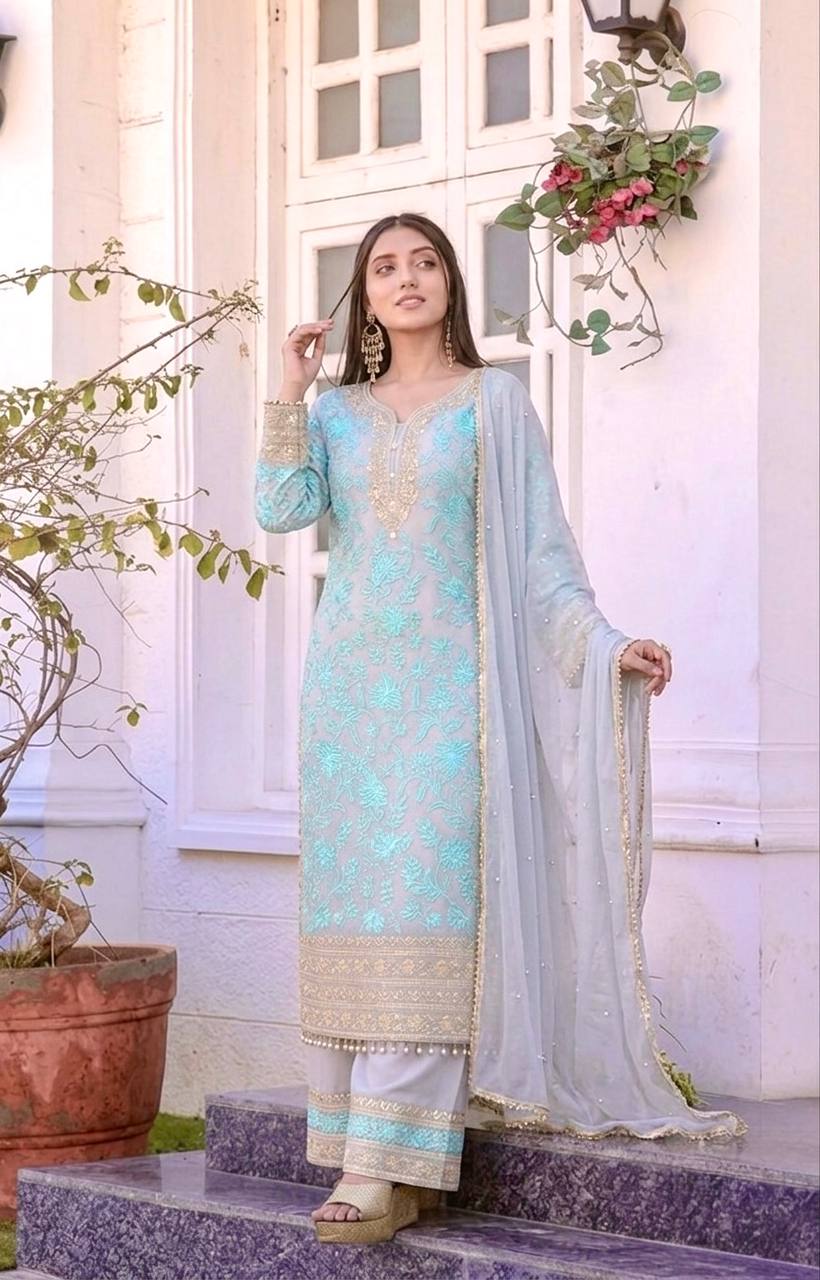 Sky Embroidered Kurta Palazzo Set