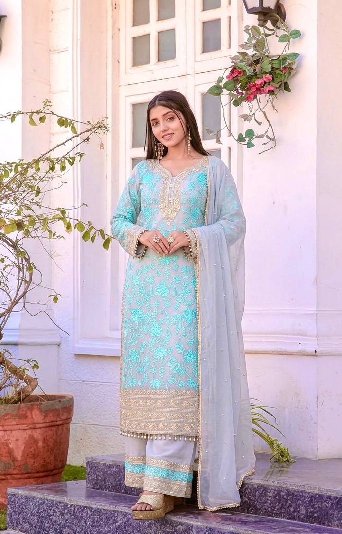 Sky Embroidered Kurta Palazzo Set