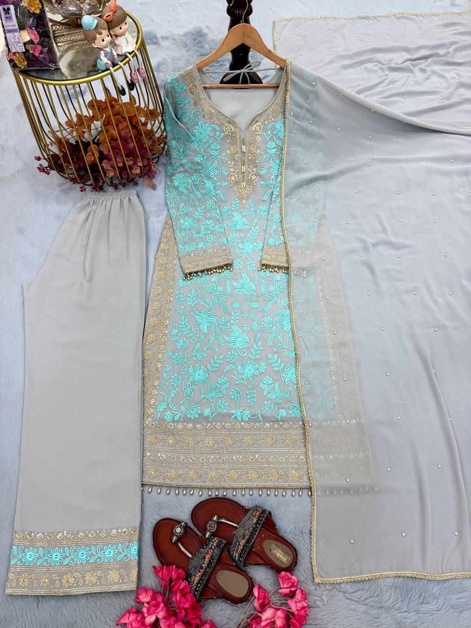 Sky Embroidered Kurta Palazzo Set