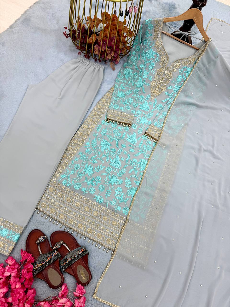 Sky Embroidered Kurta Palazzo Set