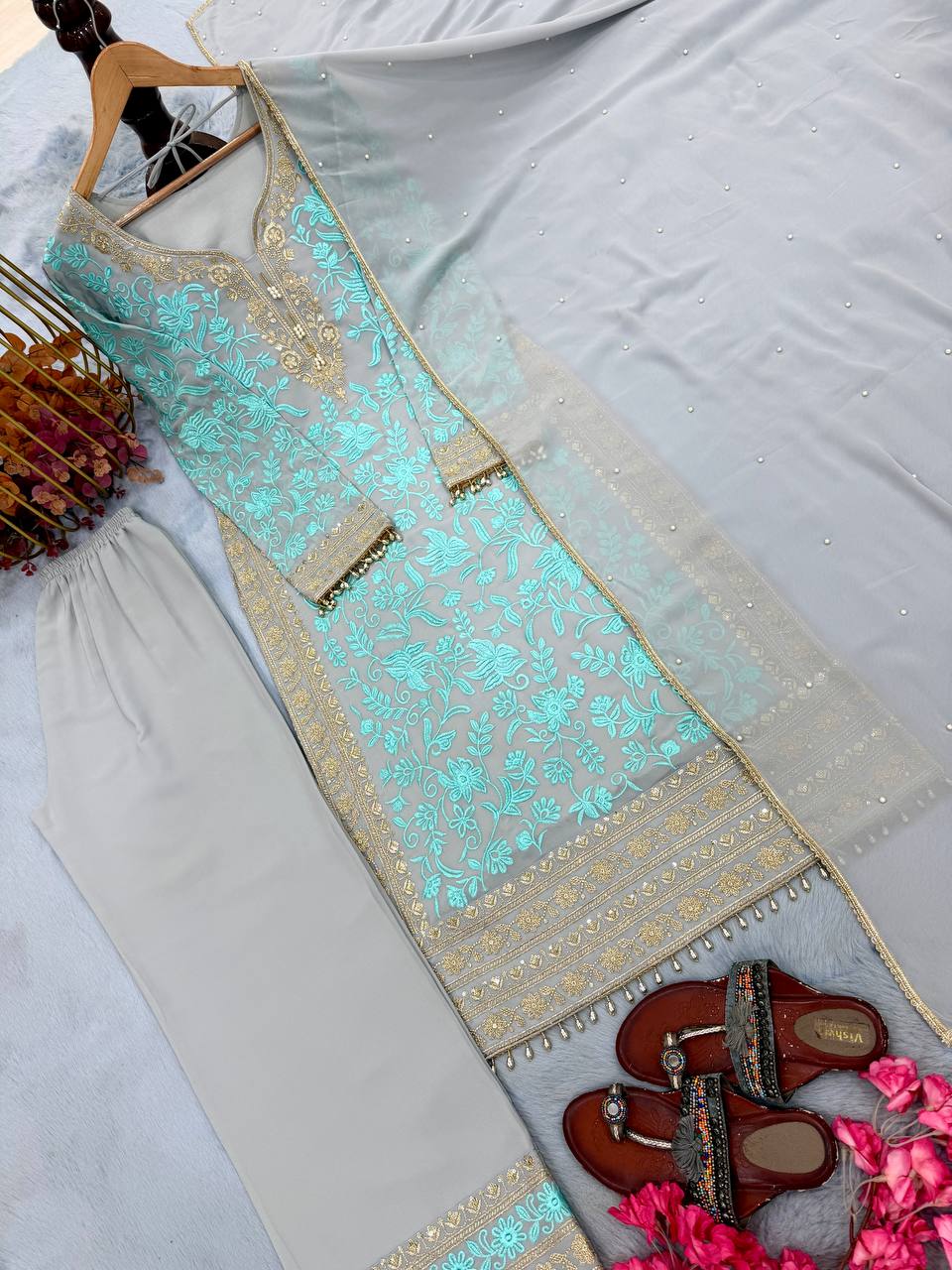 Sky Embroidered Kurta Palazzo Set