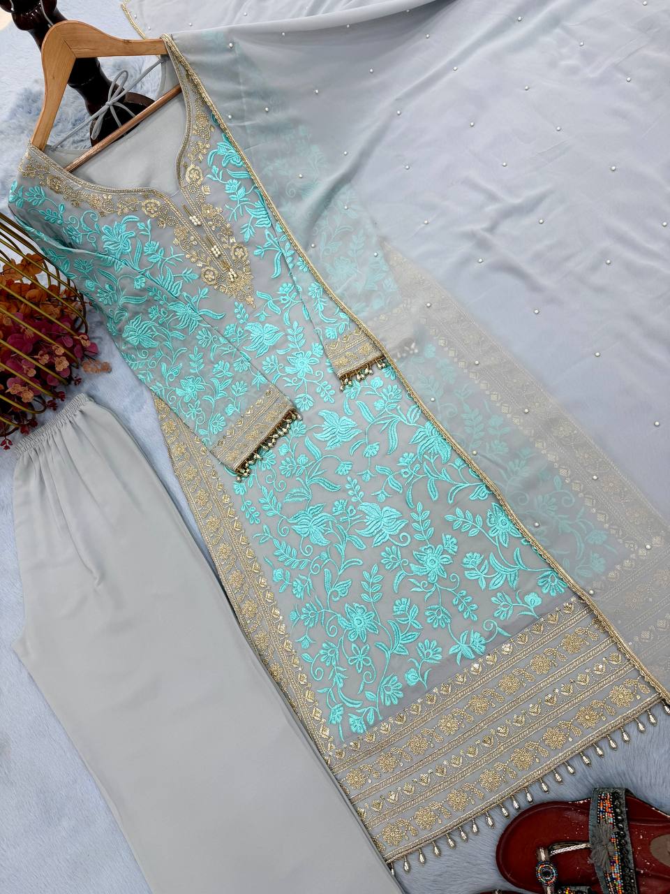 Sky Embroidered Kurta Palazzo Set