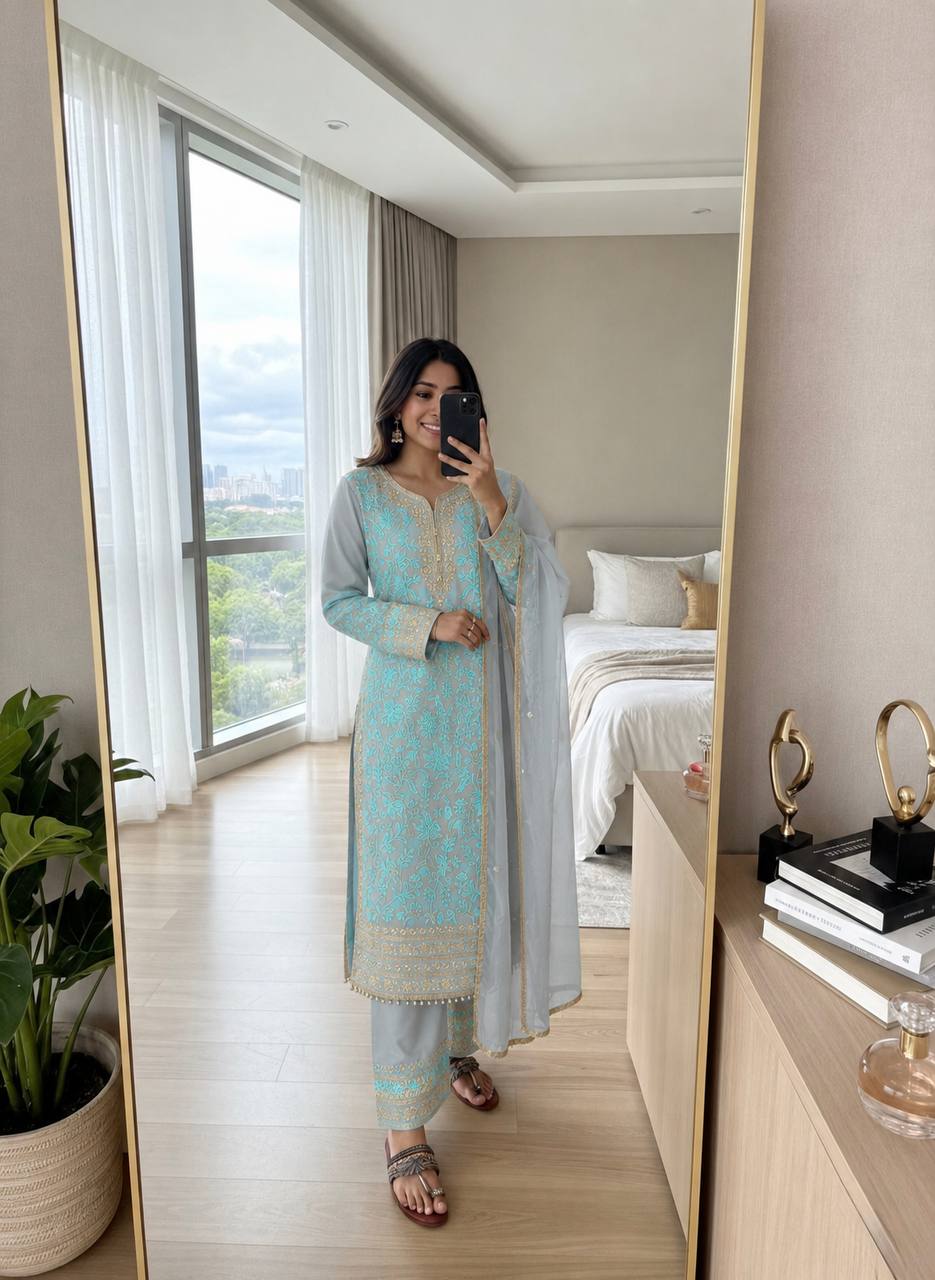 Sky Embroidered Kurta Palazzo Set