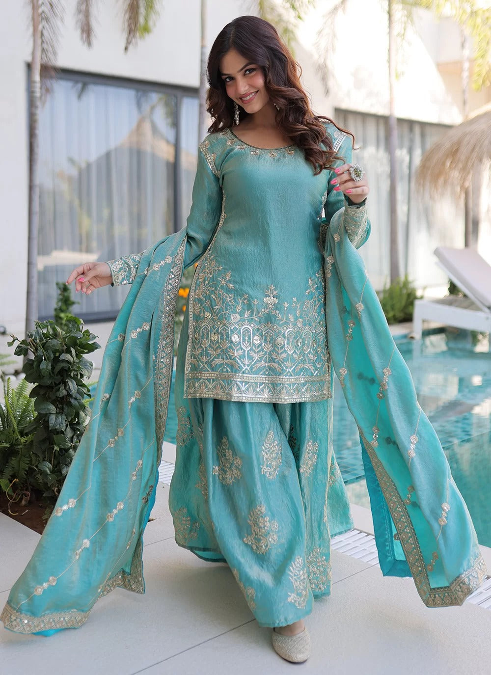 Sky blue embroidered sharara dress set in fendi crush fabric