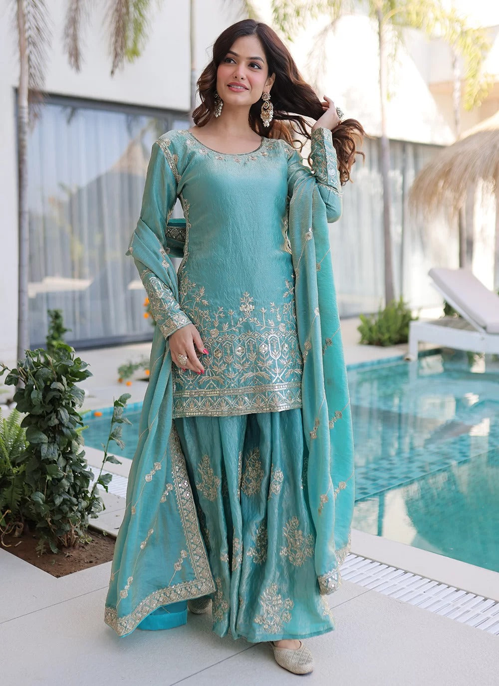 Sky blue embroidered sharara dress set in fendi crush fabric