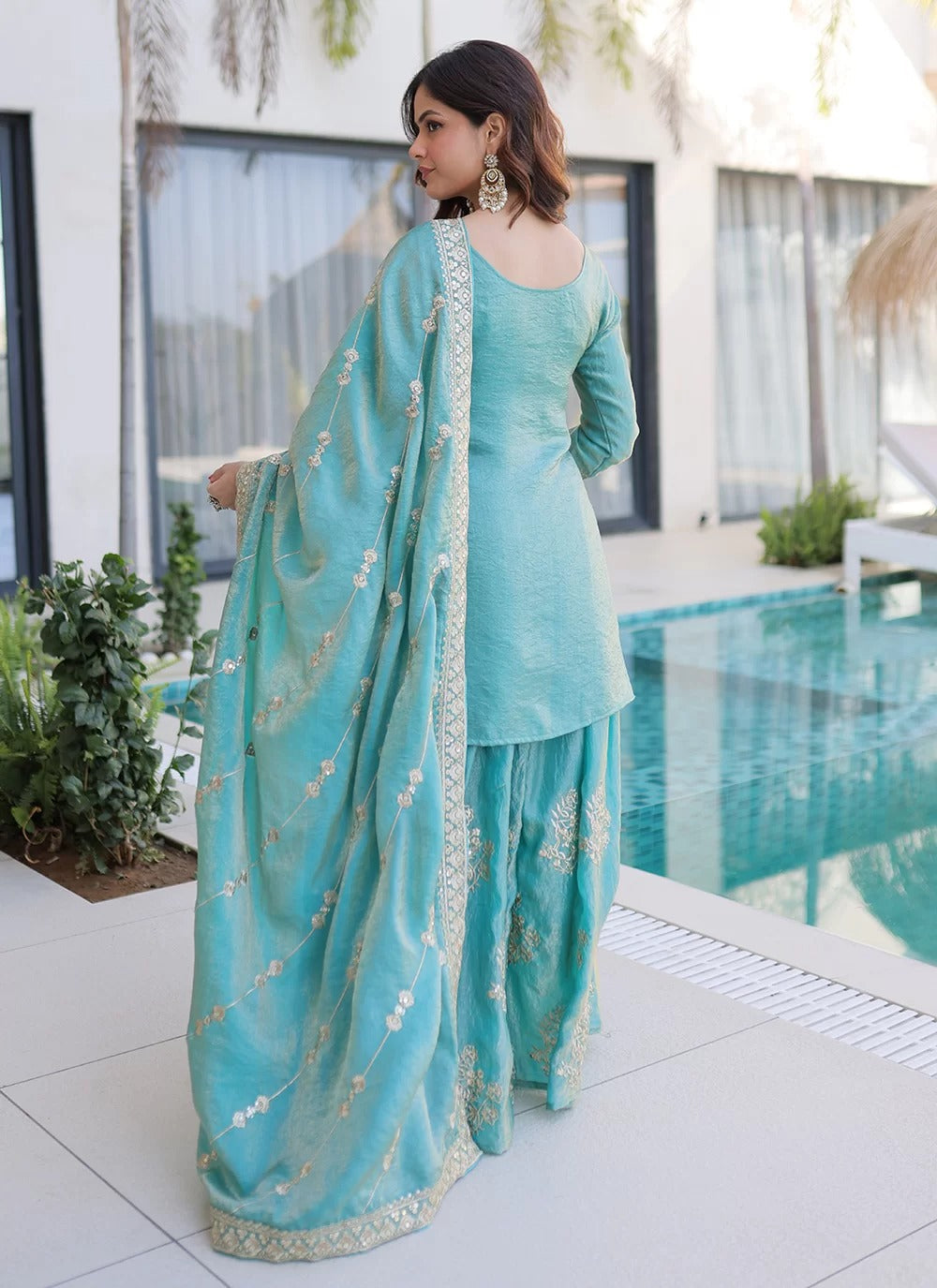Sky blue embroidered sharara dress set in fendi crush fabric